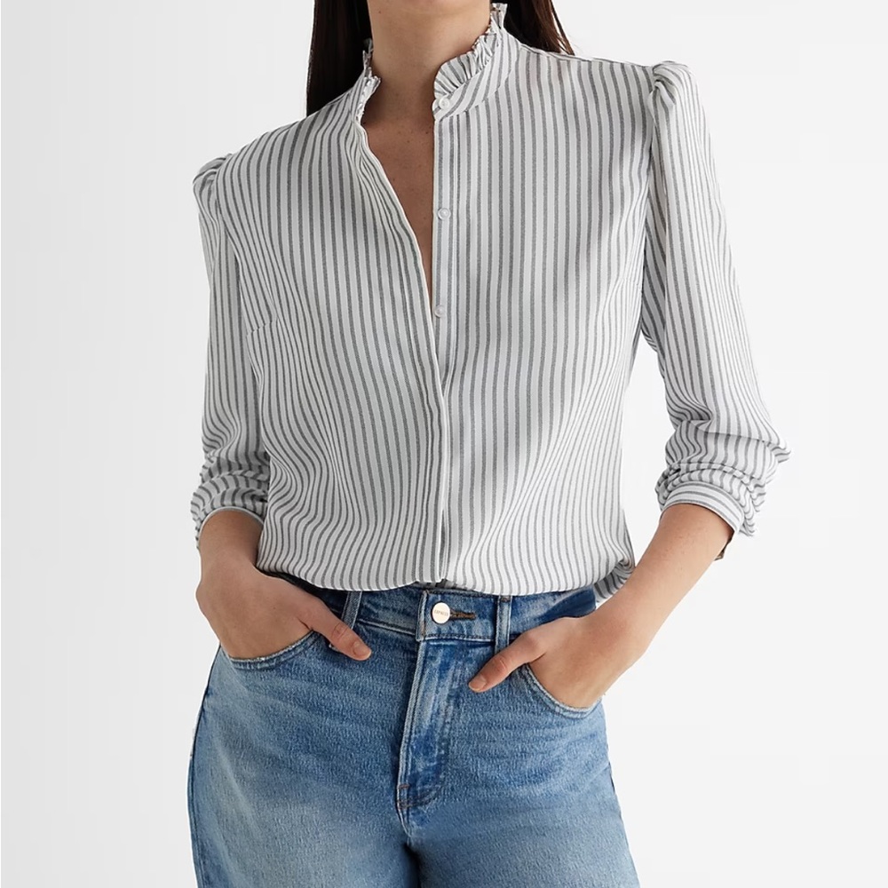 Slim Striped Ruffle Neck Portofino Shirt